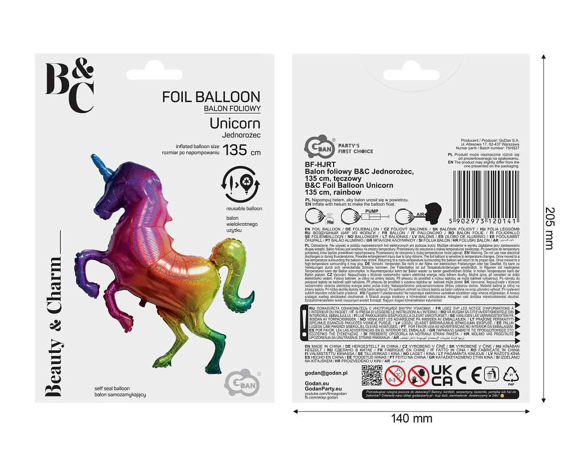 Foil Balloon Unicorn 135 cm, rainbow